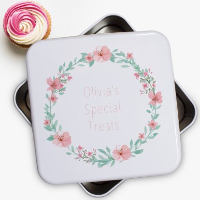 Personalised Square Floral Painted Style Cake Tin
