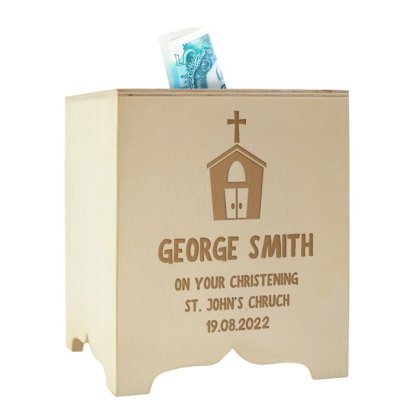 Personalised Square Wooden Money Box - Church Design