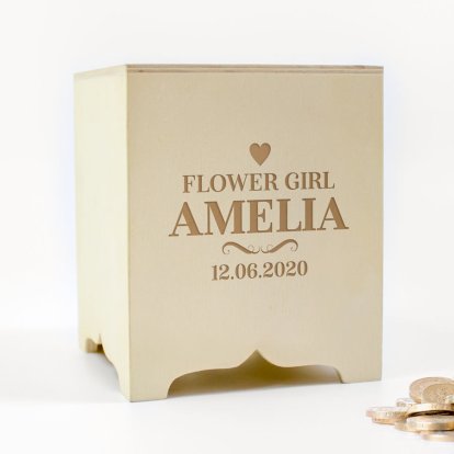 Personalised Square Wooden Money Box - Flower Girls