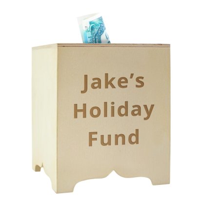Personalised Square Wooden Money Box - Holiday Funds