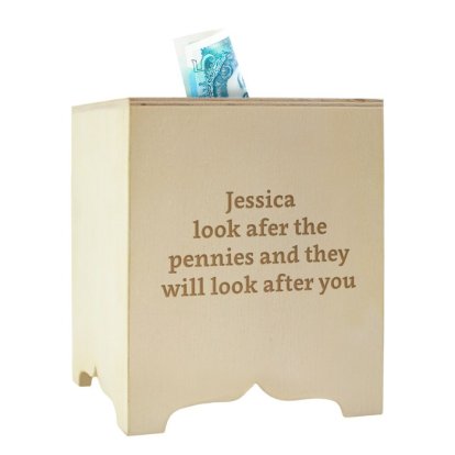 Personalised Square Wooden Money Box - Message