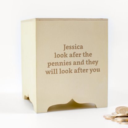 Personalised Square Wooden Money Box - Message 