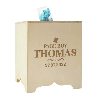 Personalised Square Wooden Money Box - Page Boy