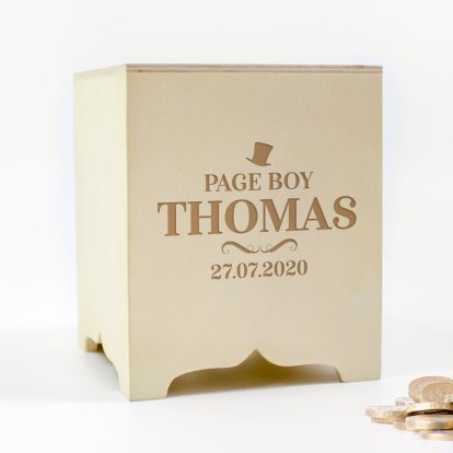 Personalised Square Wooden Money Box - Page Boy 