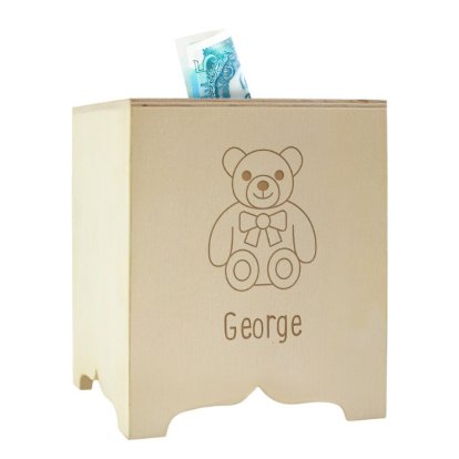 Personalised Square Wooden Money Box - Teddy Bear 