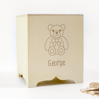Personalised Square Wooden Money Box - Teddy Bear 