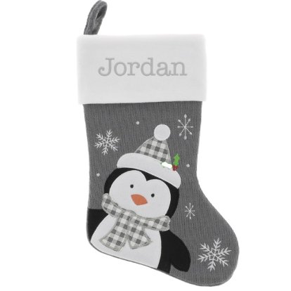 Personalised Stocking - Christmas Penguin, Gray & Knitted
