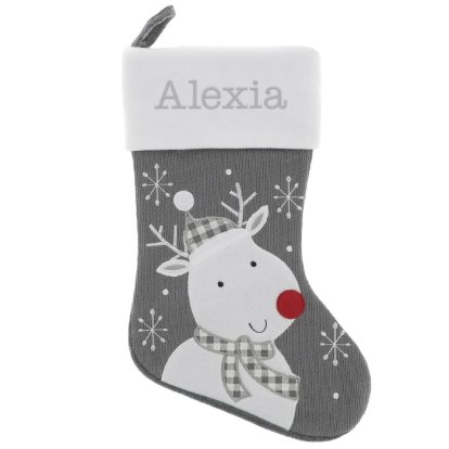 Personalised Stocking - Christmas Reindeer, Gray & Knitted