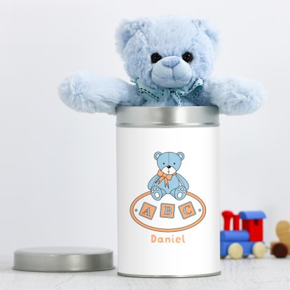Personalised Teddy in a Tin - Blue ABC
