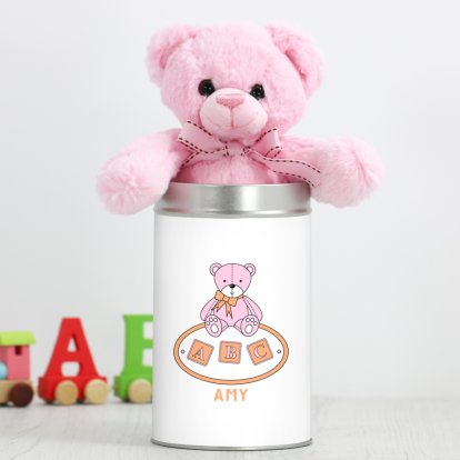 Personalised Teddy in a Tin - Pink ABC