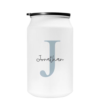 Personalised White Travel Can - Blue Initial & Name