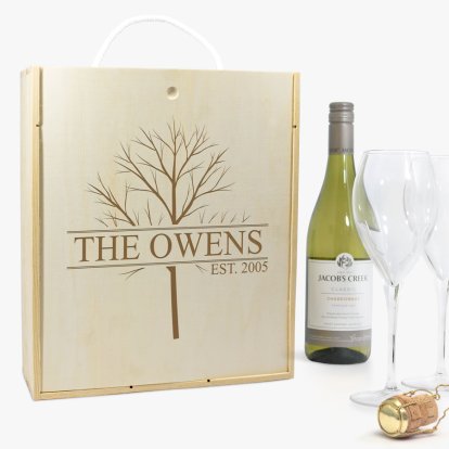 Personalised White Wine & Glasses Gift Set - Family Tree 