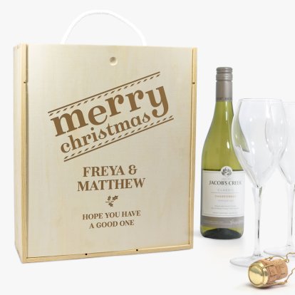 Personalised White Wine & Glasses Gift Set - Merry Christmas 