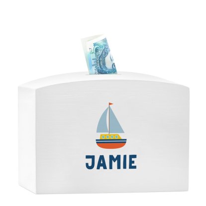 Personalised White Wooden Money Box - Boat Design