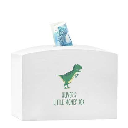 Personalised White Wooden Money Box - Dinosaur Design