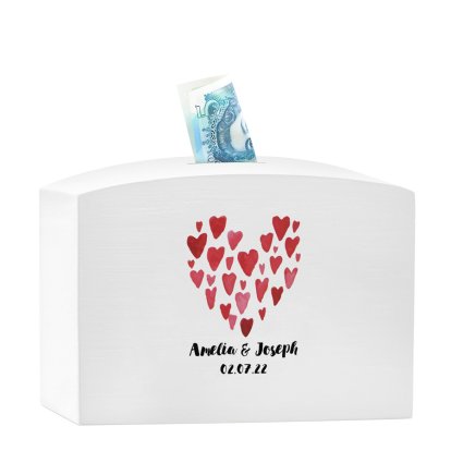 Personalised White Wooden Money Box - Love Hearts