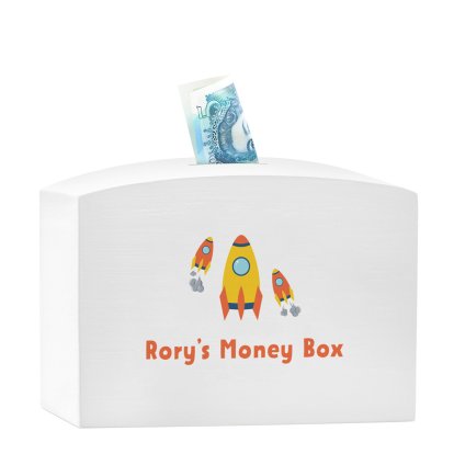 Personalised White Wooden Money Box - Rockets Design