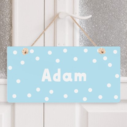 Personalised Wooden Hanging Sign - Blue Polka Dot 