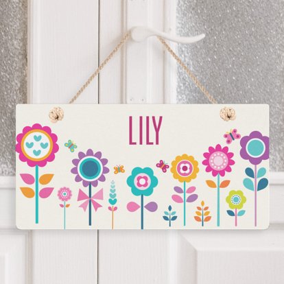Personalised Wooden Hanging Sign - Retro Flowers
