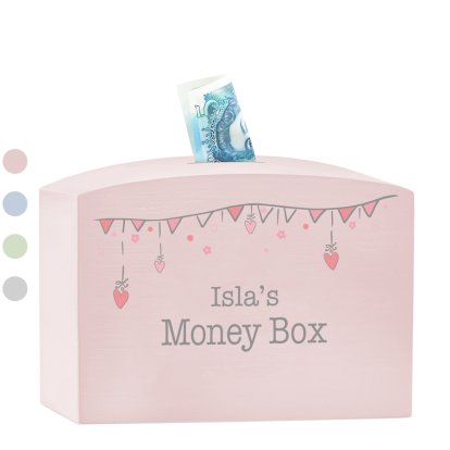 Personalised Wooden Money Box - Heart Bunting
