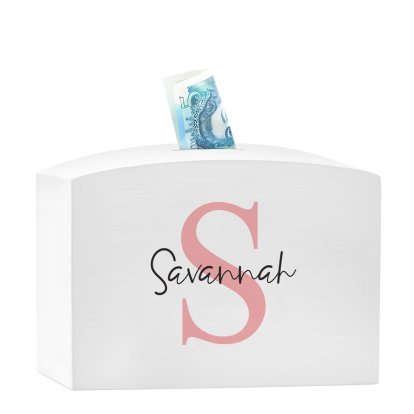 Personalised Wooden Money Box - Pink Initial & Name