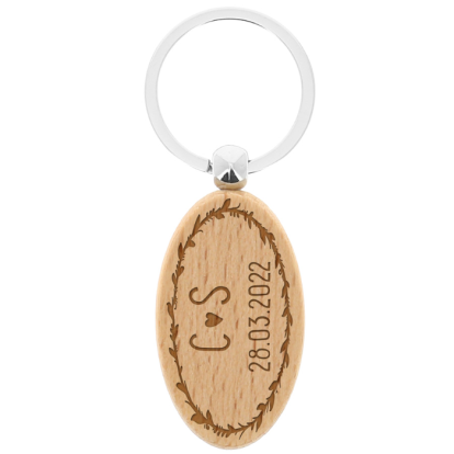 Personalised Wooden Oval Keyring - Floral Crest Initials