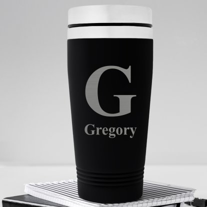 Personalised Black Travel Mug - Initial & Name