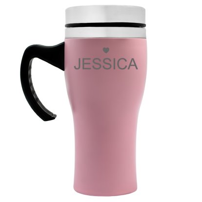 Personalised Pink Colour Travel Mug - Heart & Name