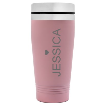 Personalised Pink Colour Travel Mug - Heart & Name