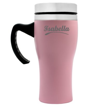 Personalised Pink Travel Mug with Handle - Name