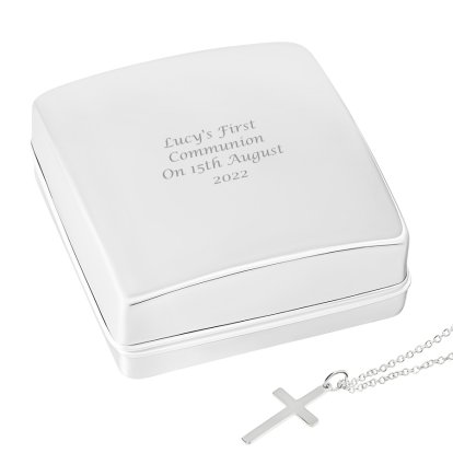 Engraved Box With Silver Finish Cross Necklace