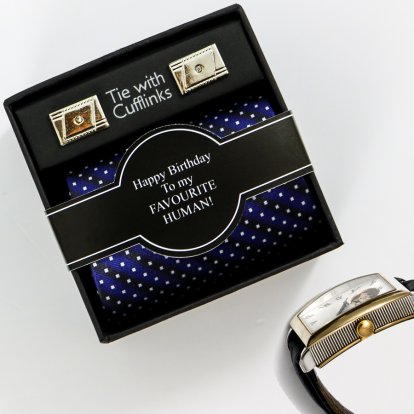 Tie & Cufflinks with Personalised Gift Box - Favourite Human